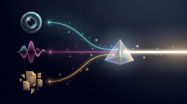 Abstract digital prism refracting light beams into data files and multimedia icons representing information processing and technology integration