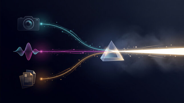 Abstract digital prism refracting light beams into multimedia file icons and sound waves representing data convergence and technology integration