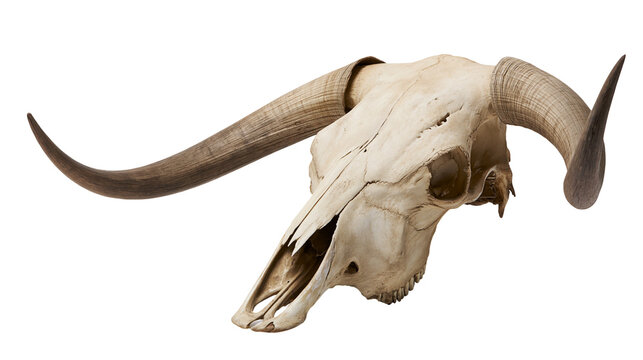 Isolated rustic cow skull featuring impressive curved horns and natural bone structure