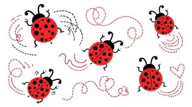 Isolated cute cartoon ladybugs flying with dotted red and black trails, charming insect illustration