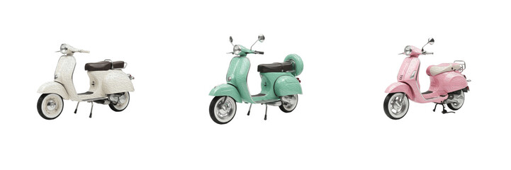 Vintage retro scooters set isolated on white background, pastel white mint green and pink classic motorbikes, urban moped transport vehicles, cute Italian style city travel illustration, digital PNG a © Muslim