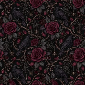 Gothic seamless pattern with black ravens and dark red roses, vintage halloween background with spider webs and thorny vines, moody floral textile design