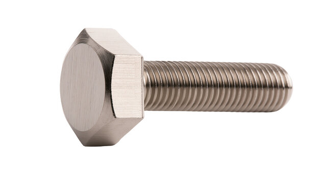 Isolated shiny new metallic hexagonal head bolt with detailed screw thread, industrial component