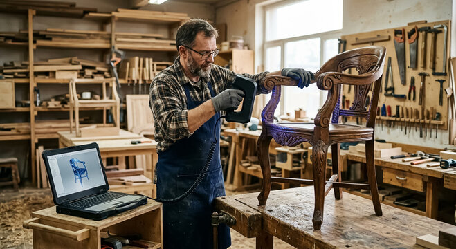 Carpintero usando un esc&aacute;ner 3D para digitalizar una pieza de mobiliario artesanal