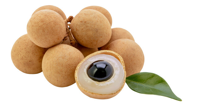 Isolated fresh longan fruit with a cut half showing the black seed and a green leaf, sweet tropical food.
