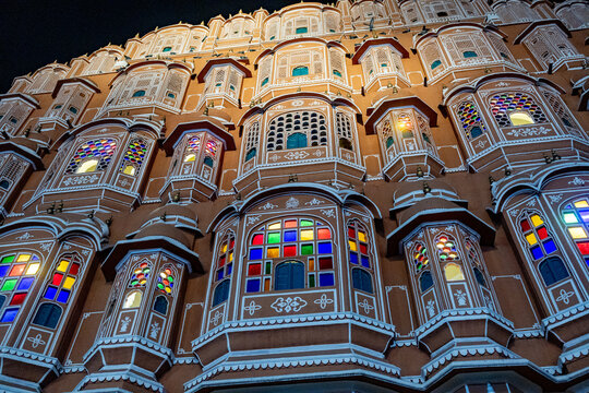 Hawa Mahal palace illuminated at night in Jaipur, Rajasthan, India