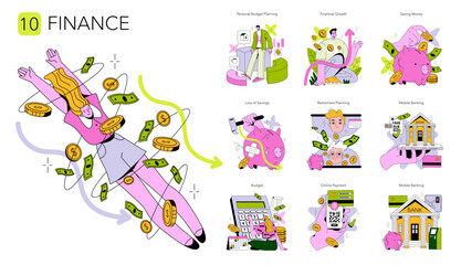 Obraz na płótnie Canvas Finance concept set showing saving budgeting and banking
