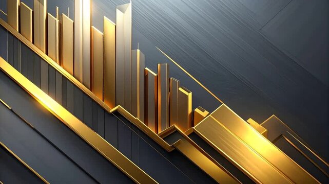 Grafico finanziario 3D astratto con linee dorate in crescita su superficie scura opaca. Spazio negativo centrale, perfetto per b-roll di trading, economia e fintech