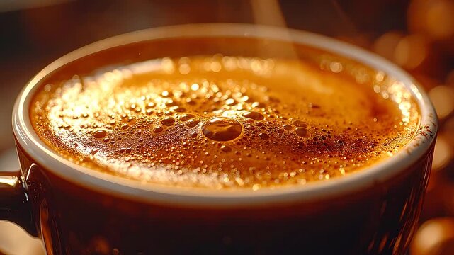 Inquadratura macro in slow motion di un caff&egrave; espresso cremoso con bollicine dorate e vapore caldo. Sfondo cinematografico per pubblicit&agrave; di bar, colazione e food