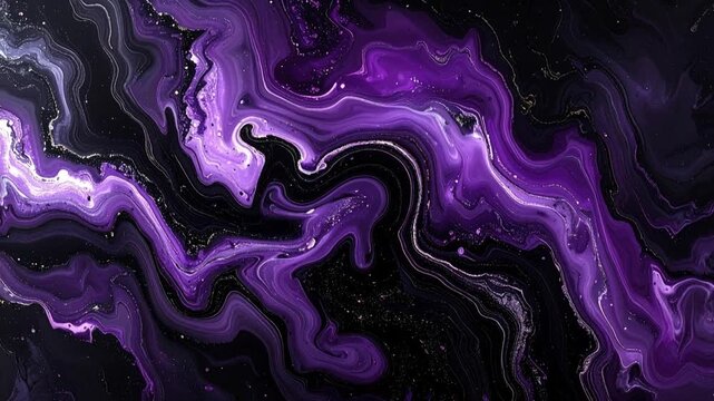 Movimento fluido e lento di texture di marmo liquido viola profondo, nero e glitter d'argento. Sfondo astratto elegante e rilassante per video commerciali e lusso