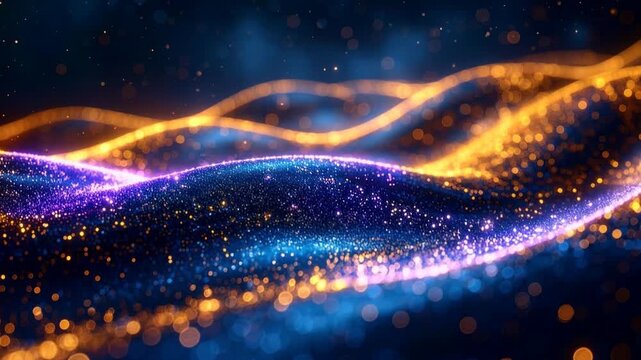 Sfondo astratto composto da un flusso sinuoso di milioni di microparticelle luminose che cambiano colore dal blu ed oro al viola ed oro e che fluttuano nel vuoto lentamente. 