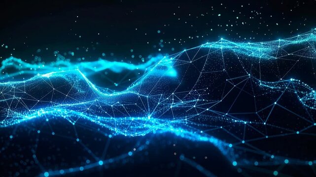 Sfondo astratto 3D con creste e onde di plessi geometrici blu neon e ciano su fondo nero. Ideale per concetti di intelligenza artificiale, big data e connettivit&agrave; di rete
