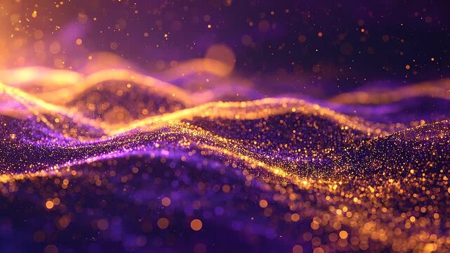 Sfondo astratto composto da un flusso sinuoso di milioni di microparticelle luminose color oro e viola profondo che fluttuano nel vuoto lentamente. 