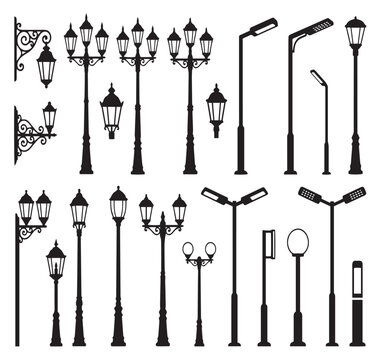 Set of street lamps and lanterns silhouettes
