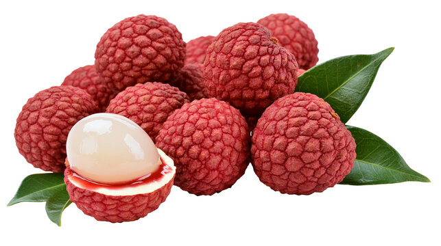 Isolated fresh ripe lychees with one peeled displaying juicy flesh and green leaves