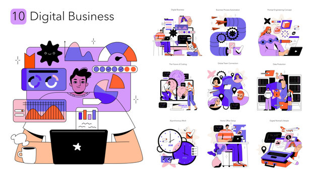 Digital Business Team Working With Analytics Dashboard Set