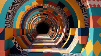 Fototapeta premium Abstract tunnel with bright geometric patterns creates optical illusion. Colorful arches and blocks lead to dark void. Endless perspective design evokes surreal journey into bright fantasy.