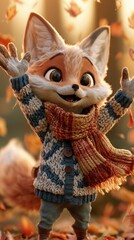 Fototapeta premium A fox character enjoys jumping and playing in colorful leaves. It wears a cozy sweater and scarf in a warm setting.