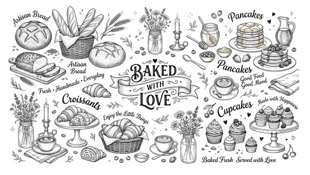 Hand drawn chalk bakery menu set with bread croissants pancakes coffee and sweet cupcakes