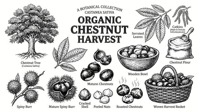 Very beautiful black and white realistic vector illustration of an ORGANIC CHESTNUT COLLECTION featuring chestnut tree, leaves, catkins, spiny burrs, mature chestnuts, peeled nuts, cracked shells, roa