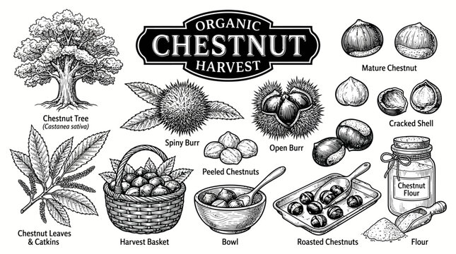 Very beautiful black and white realistic vector illustration of an ORGANIC CHESTNUT COLLECTION featuring chestnut tree, leaves, catkins, spiny burrs, mature chestnuts, peeled nuts, cracked shells, roa
