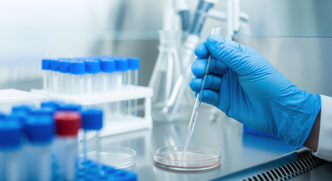 Laboratory Experiment Close Up of Scientist Using Pipette with Medical and Pharmaceutical Research and Science Experiments in Research