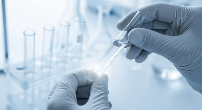 Laboratory Experiment: Scientist Analyzing Test Tube with Clear Liquid in Medical Research Facility