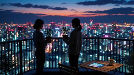 Obraz premium Two women hold plants on urban balcony at night. City lights sparkle below as twilight fades. They enjoy serene view, peaceful atmosphere, quiet solitude, home garden hobby.