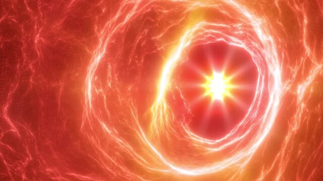 Brilliant white energy core radiates through a swirling red and orange plasma vortex