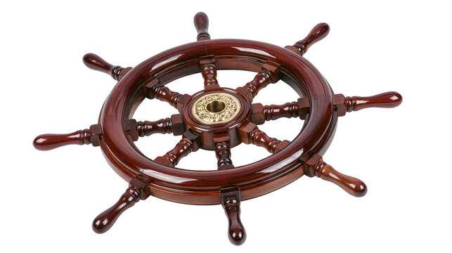 Isolated polished dark wood ship steering wheel with golden brass ornate center hub