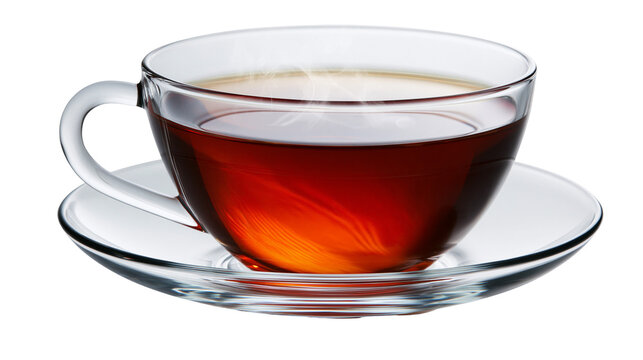 Isolated clear glass teacup with saucer holding a fresh steaming hot black tea