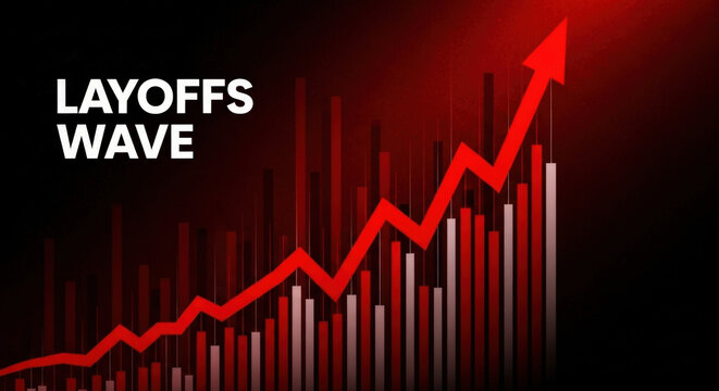 Layoffs Wave Rising Job Losses Unemployment Crisis Economic Recession Downsizing Company Closures Business Failure Increase Graph Red Arrow Dark Background