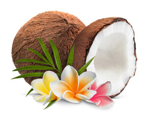 Fresh coconuts, plumeria flowers and green leaf isolated on white © New Africa