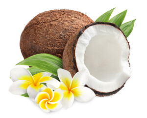 Coconuts, plumeria flowers and green leaves isolated on white © New Africa
