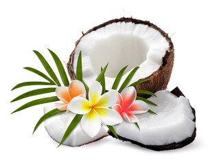 Coconut pieces, plumeria flowers and green palm leaves isolated on white © New Africa
