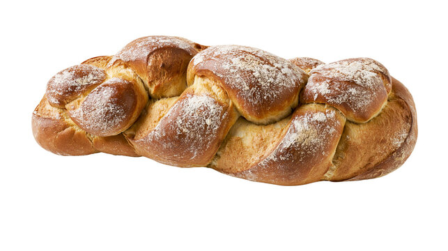 Isolated warm homemade braided bread loaf with flour dusting, traditional freshly baked food