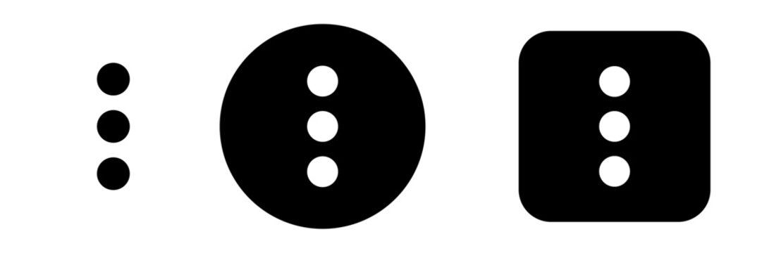 Three dots menu and kebab menu icon set with more option symbol. Vertical ellipsis and overflow menu control icons for app, web and UI navigation