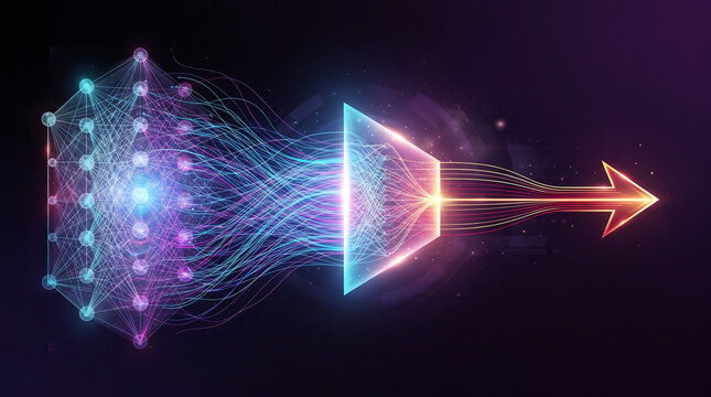 Abstract data visualization featuring a glowing geometric structure with nodes and directional arrows representing digital information flow and connectivity