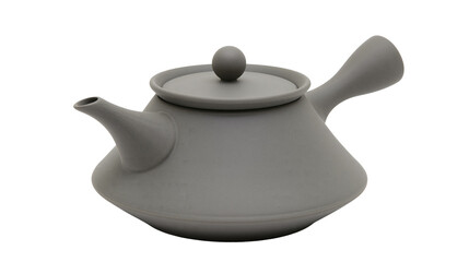 Isolated modern grey ceramic teapot with lid, spout, and handle, designed for minimalist tea...