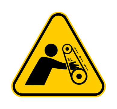 Entanglement hazard warning sign with rotating machinery symbol. Machine safety and equipment hazard signage for industrial workplaces, factories and accident prevention