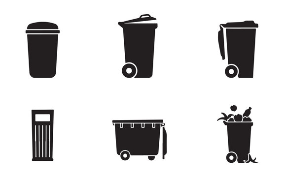 Various black silhouette trash can and dumpster designs for waste management vector collection.