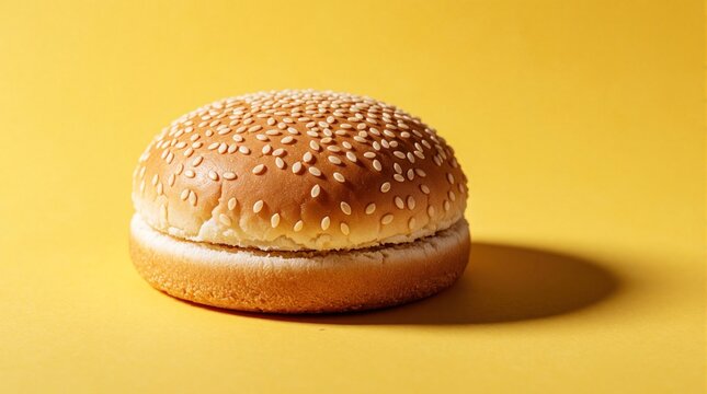 Single sesame burger bun on bright yellow background. Fresh baked bread roll with many sesame seeds for hamburger sandwich. Minimalist food composition for bakery menu fast food restaurant