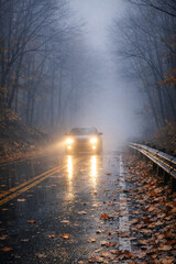 Obraz premium Nighttime autumn road during heavy rain, with a car's headlights piercing the fog and mist, and the highway lined with fallen leaves.