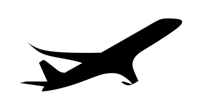 Isolated airplane taking off in black silhouette above departure information text graphic