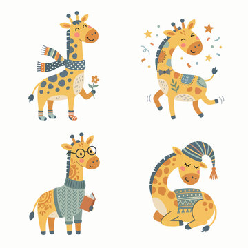 Funny Cartoon Giraffe Collection Featuring Animals in Amusing Everyday Character Situations