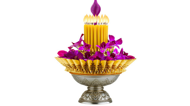Isolated Thai offering with burning candles and purple orchids on ornate silver phan.