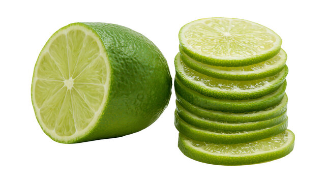 Isolated fresh juicy green lime cut in half and stack of round citrus slices on display