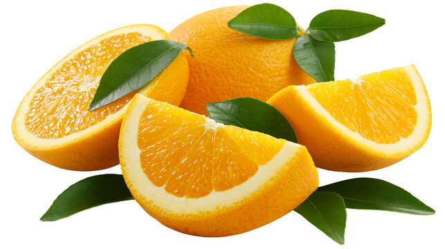 Isolated fresh ripe organic oranges and slices with vibrant green leaves for healthy, natural nutrition