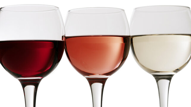 Isolated three wine glasses with red, ros&eacute;, and white wine elegant tasting selection
