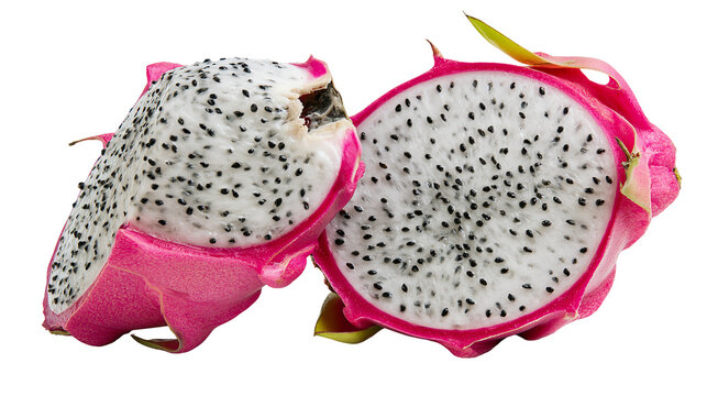 Isolated fresh juicy dragon fruit cut in half showing vibrant pink skin and white flesh